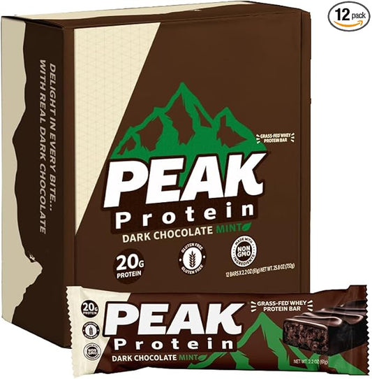 BARS - Dark Chocolate Mint - Natural - Grass-Fed Whey - 20G Protein - Non GMO - Gluten Free - Real Dark Chocolate (12 Pack)