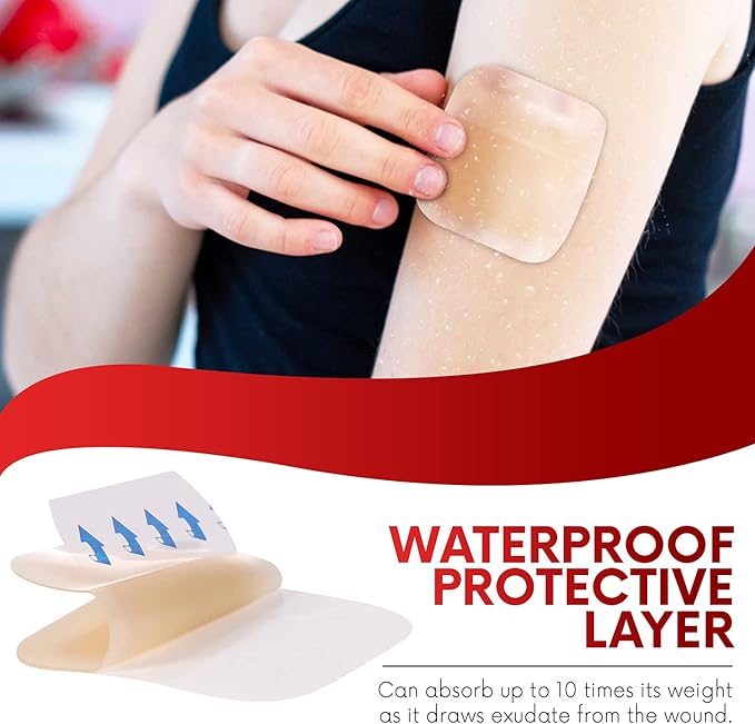 Healqu Hydrocolloid Wound Dressing - 6x6" Thin - Box of 10 Large Bandages - Sterilized Bordered Hydrocolloid Patches for Bed Sores, Abrasions, and More - Waterproof and Absorbent with Protective