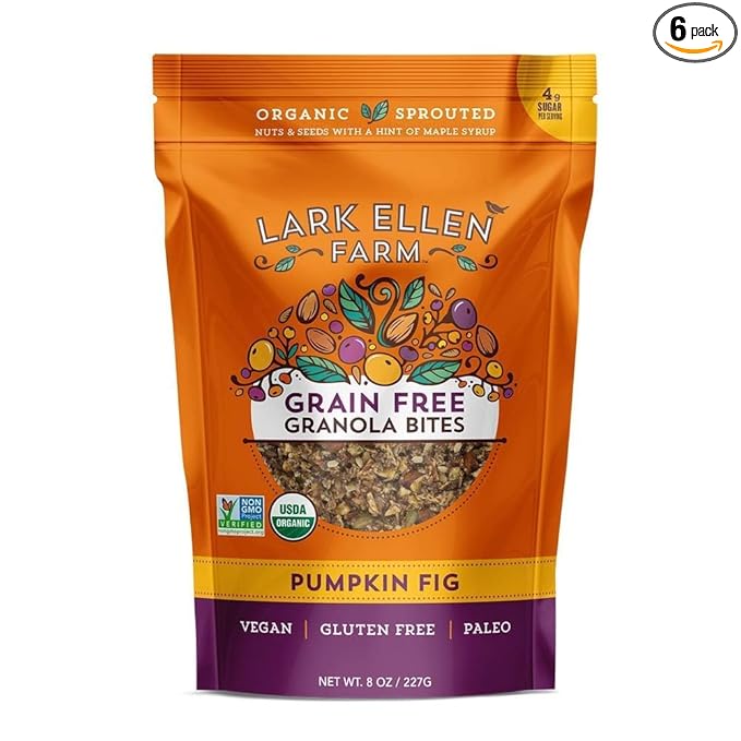 Lark Ellen Farm Grain-Free Granola, Certified Organic Raw Sprouted Vegan Clusters, Paleo & Crunchy Gluten-Free Bites for Cereal or Yogurt, Pumpkin Fig 8 oz, 6 Pack