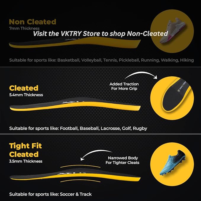 VKTRY Gold for Cleated Shoes - Carbon Fiber Performance Insoles - Customized Inserts for Soccer & Track | Run Fast, Jump High, Land Soft, Support Recovery, US: Men 11-11.5, Women 13-13.5, <120lb