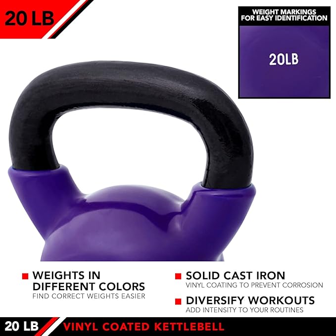 JFIT Kettlebell Weights Vinyl Coated Iron - 12 Size Options, 5lbs-50lbs - Coated for Floor and Equipment Protection, Noise Reduction, Ballistic, Core, Weight Training