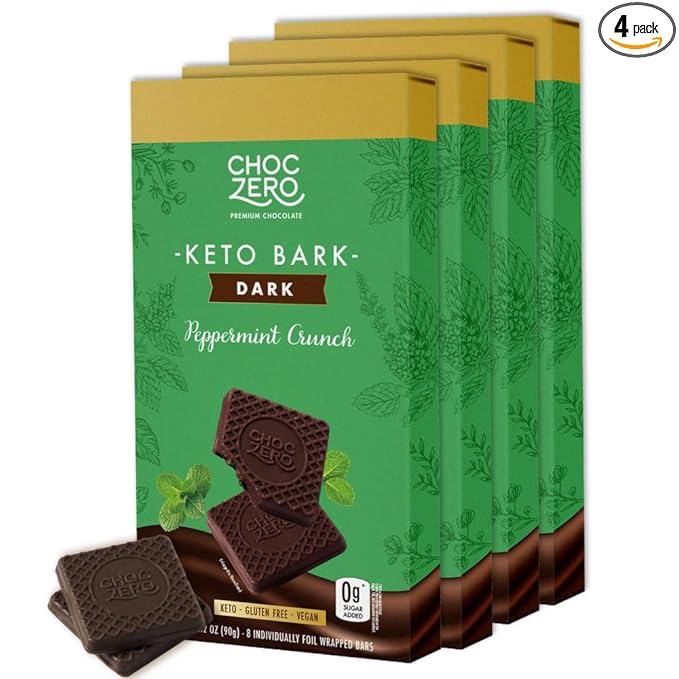 ChocZero Peppermint Crunch Keto Bark, Dark Chocolate Candy Bar, Sugar Free, Vegan, Gluten Free, 3.2 Ounce (Pack of 4)