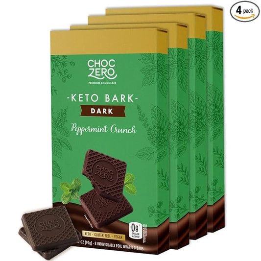 ChocZero Peppermint Crunch Keto Bark, Dark Chocolate Candy Bar, Sugar Free, Vegan, Gluten Free, 3.2 Ounce (Pack of 4)