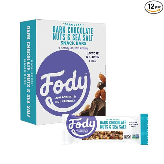 Fody Foods Snack Bars, Dark Chocolate Nuts & Sea Salt, 1.41 Oz (Pack of 12), 5g Protein, Low FODMAP, Gut & IBS Friendly, Vegan, Lactose Free, Non-GMO, Gluten Free
