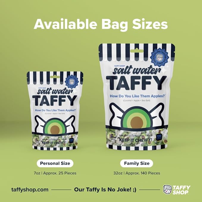 Taffy Shop How Do You Like Them Apples? Sea Salt Caramel Apple Salt Water Taffy Gourmet Soft Chewy Candy, Bulk Sweet Snack, Fresh Gift & Gluten-Free, 140 Individually Wrapped Pieces (32oz)