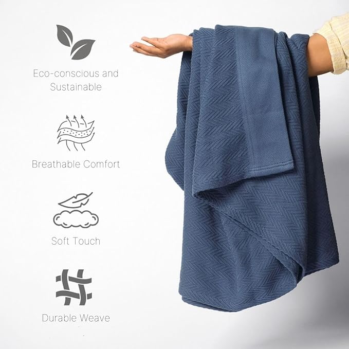 100% Cotton Herringbone Weave Blankets, 108"X90" King, Throw Blanket for Bed,All Season Cotton Blanket, Cozy Blanket,Throws Bed Blanket, Throw Blanket for Couch,Modern Home Decor -Navy Blue