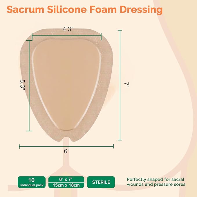 Sacrum Foam Dressing with Border - Silicone Adhesive 6"x7" Waterproof Sacral Wound Dressing - High Absorbent Pads Breathable Bed Sore Pressure Wound Care Bandages 10 Packs
