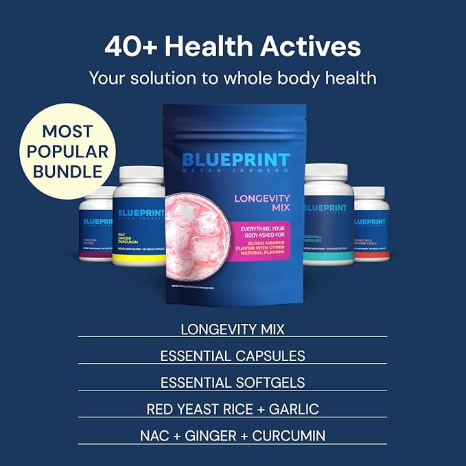 Blueprint Bryan Johnson Longevity Mix - Muscle Builder & Recovery Supplement - Promotes Focus and Balanced Mood - Magnesium, Creatine, L-Theanine, Glutathione & Vitamin C- 30 Servings, Blood Orange