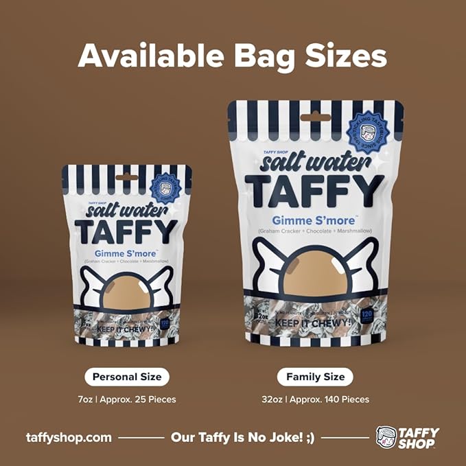Taffy Shop Gimme S'more, Graham Cracker, Chocolate, Marshmallow Salt Water Taffy – Gourmet Soft Chewy Candy, Bulk Sweet Snack, Fresh Gift & Gluten-Free, 140 Individually Wrapped Pieces (32oz)