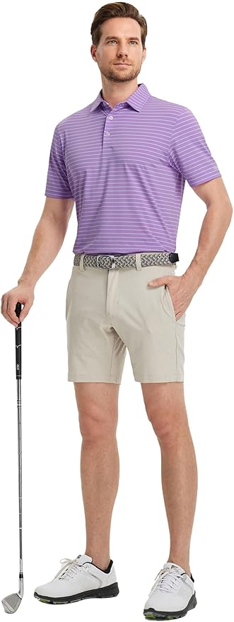 Rouen Mens Polo Shirts Short Sleeve Dry Fit Performance Moisture Wicking Causal Striped Polo Collared Golf Shirts for Men