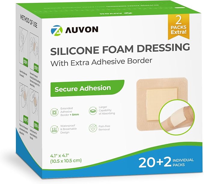 AUVON Silicone Foam Dressing 4" x 4" with Large Adhesive Border, 22 Packs Wound Dressing Bandage with High Absorbency, Waterproof Bed Sore Bandages, Silicone Foam Pad for Wound Care