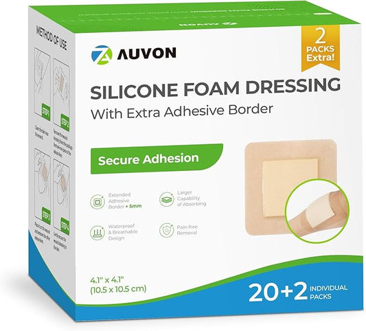 AUVON Silicone Foam Dressing 4" x 4" with Large Adhesive Border, 22 Packs Wound Dressing Bandage with High Absorbency, Waterproof Bed Sore Bandages, Silicone Foam Pad for Wound Care