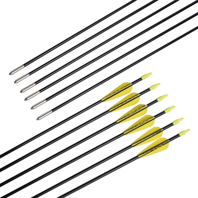 6875 Fiberglass Arrows Archery 24/26/28/30Inch Target Shooting Safetyglass Recurve Bows Suitable for Youth Children Woman Beginner (tigerspot Yellow Vanes)