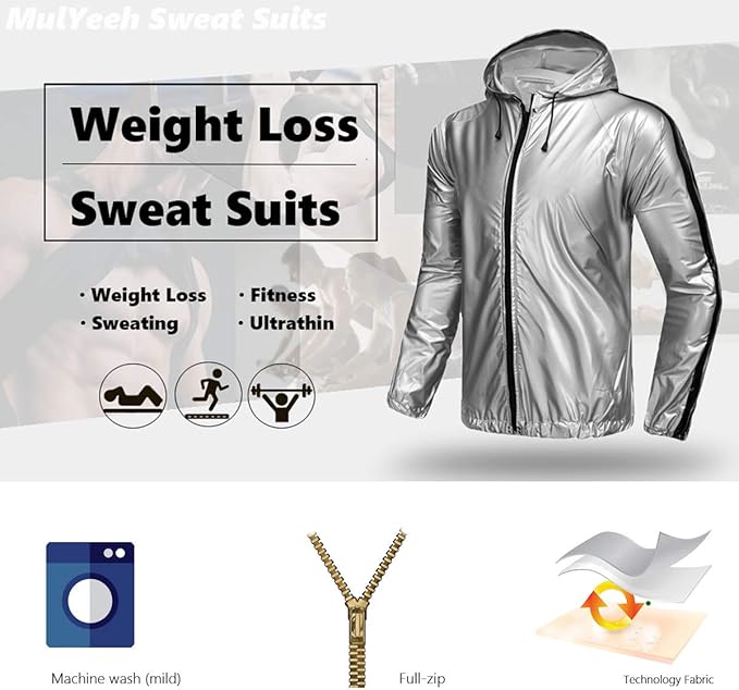 MulYeeh Weight Loss Sweat Suit Anti-Rip Heavy Duty Full-Zip Sauna Suit Fitness Exercise Gym Top Pant with Hood for Men Women