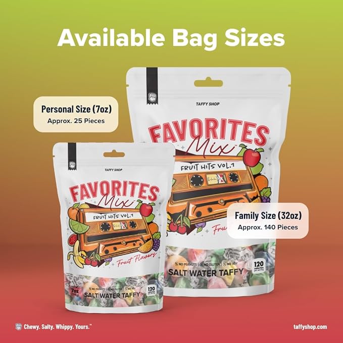 Taffy Shop Fruit Favorites Mix Salt Water Taffy Individually Wrapped - Old-Fashioned Salt Water Taffy Bulk Assorted Flavors - Gourmet Soft Chewy Candy, Gluten-Free, 35 Pieces (7oz)