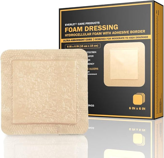 EVERLIT Care Silicone Foam Dressing with Adhesive Border | Highly Absorbent Hypoallergenic Bandages for Chronic Wounds, Bed Sores, Pressure Ulcers | Gentle & Secure Adhesion (6" x 6" | 5 Pack)
