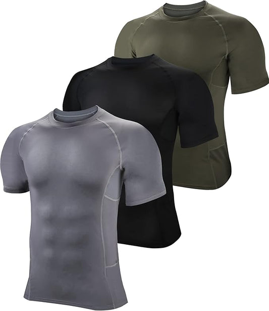 BOOMCOOL Men Short Sleeve Compression Shirts, Sports Baselayer T-Shirts Tops, Athletic Workout Shirt 3 Pack
