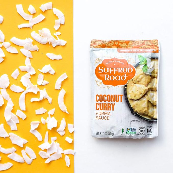 Saffron Road Simmer Sauce Variety Pack | Lemongrass Basil, Coconut Curry, Pad Thai, and Tikka Masala | Vegetarian, Non-GMO, Halal, and Kosher | 7.0oz Pouch | Pack of 4