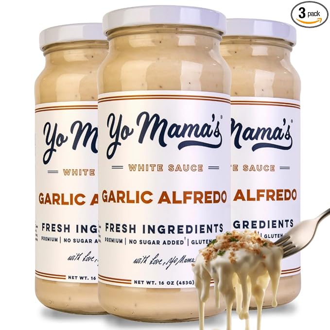 Yo Mama’s Foods Gourmet Keto Garlic Alfredo Pasta Sauce | (3) 16 Ounce Glass Bottles | Our Garlic Sauce is Low Carb, Paleo, Gluten Free, Low Calorie and is Made with only the Freshest Ingredients!