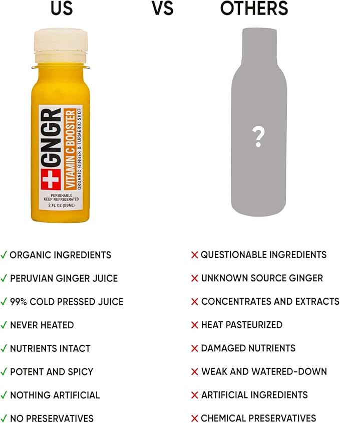 +GNGR 24 Shots Variety Pack of Organic Immunity Boosting Ginger Shots - Cold Pressed Ginger Shots for All Natural Digestive and Immune Support - Nothing Artificial - USDA Organic (2 Fl Oz, 24 Pack)
