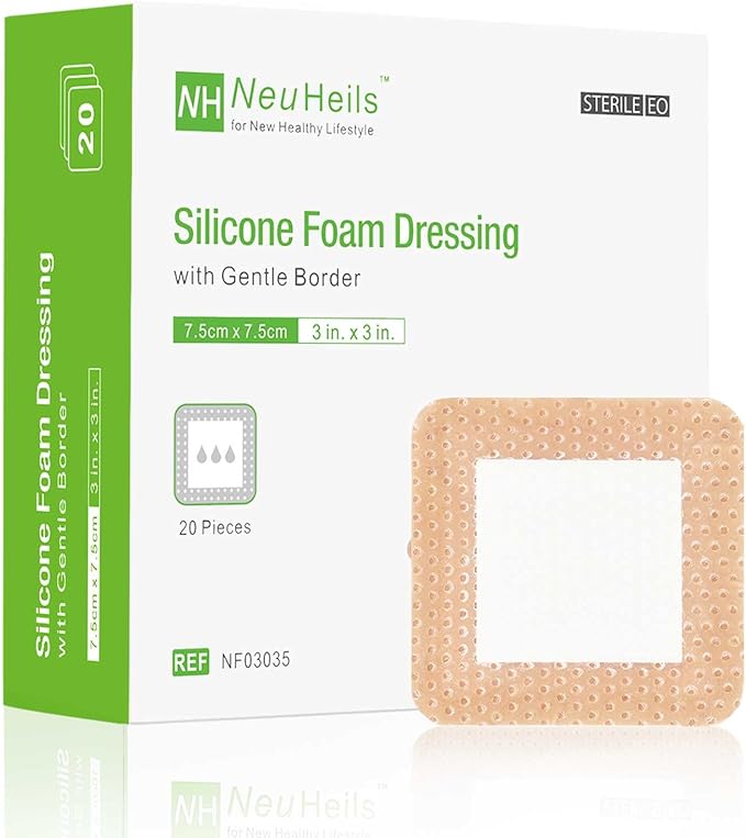 NeuHeils Silicone Foam Dressing with Gentle Border 3''x3'', 20 Packs for Bed Sore Pressure Ulcer, High Absorbency Waterproof Silicone Wound Bandage Patch