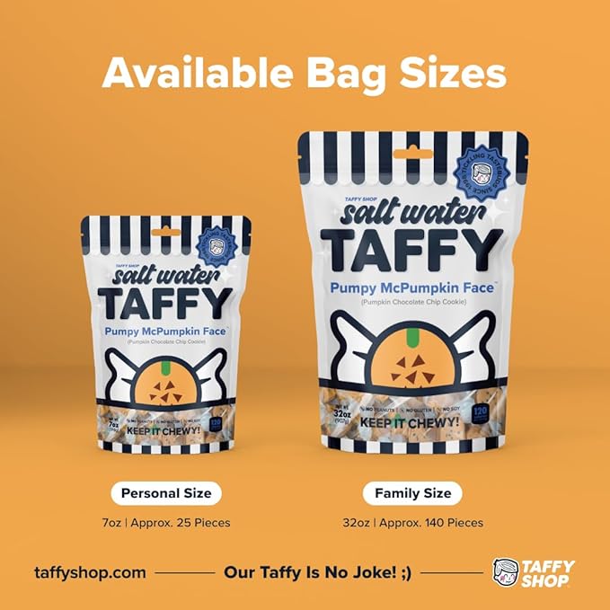 Taffy Shop Pumpy McPumpkin Face, Pumpkin Chocolate Chip Cookie Salt Water Taffy – Gourmet Soft Chewy Candy, Bulk Sweet Snack, Fresh Gift & Gluten-Free, 35 Individually Wrapped Pieces (7oz)