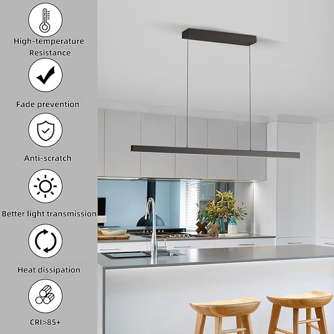 Modern Ceiling Pendant Lights,39in LED Black Linear Chandelier with Remote Control 3000k-6000K Adjustable Color Temperature,Island Lighting Hanging Light for Kitchen,Dining Room,Living Room