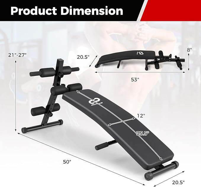 Goplus Adjustable Decline Sit Up Bench for Exercise, Foldable Curved Slant Bench with High Density Foam Cushioned Seat, Heavy Duty Metal Frame, Full Body Ab Workout Equipment for Home Gym, Black