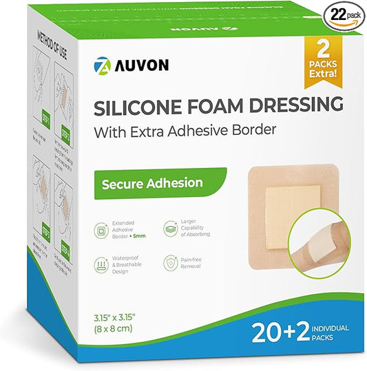 AUVON Silicone Foam Dressing with Large Adhesive Border, 3" x 3" 22 Packs Wound Dressing Bandage with High Absorbency, Waterproof Silicone Foam Pads for Wound Care, FSA/HSA Eligible