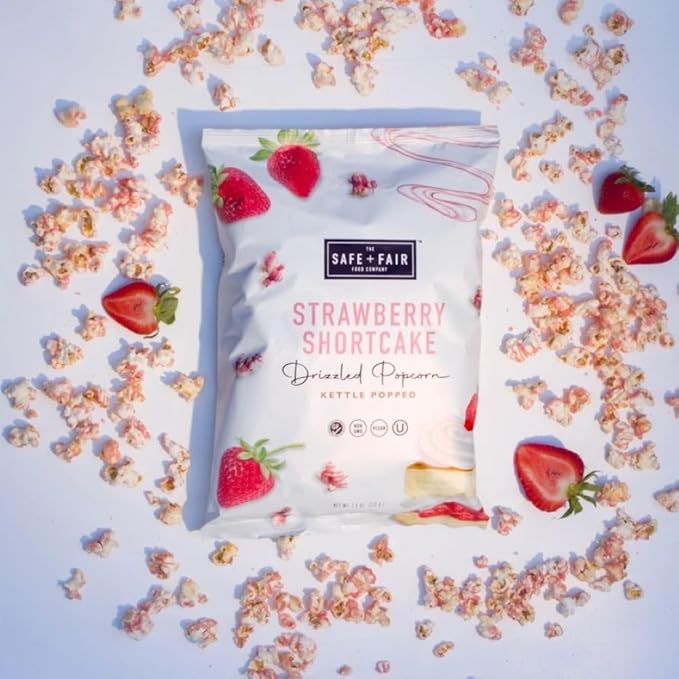 Safe + Fair Plant-Based Gourmet Strawberry Flavored Popcorn - Strawberry Shortcake Drizzled Kettle Corn Popcorn - Non-GMO + Gluten-Free Snacks 5.5oz,6 Pack