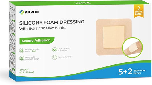 AUVON Silicone Foam Dressing 4" x 4" with Large Adhesive Border, 5 Packs + 2 Extra Bandages for Wounds with High Absorbency, Waterproof Silicone Foam Pads, Wound Care and Dressings for First Aid