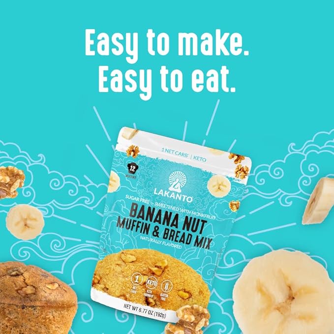 Lakanto Sugar Free Banana Nut Muffin and Bread Mix - Sweetened with Monk Fruit Sweetener, 2g Net Carbs, Gluten Free, Naturally Flavored, Keto Diet Friendly, Dairy Free (12 Muffins)