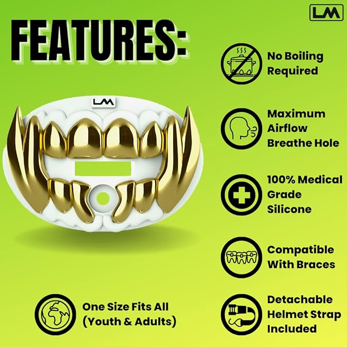 Loudmouth Football Mouth Guard - 3D Chrome Beast Football Mouthpiece, Fits Adult & Youth Ages 5+, Accessories Mouth Guard (3D Beast - Chrome White/Gold)