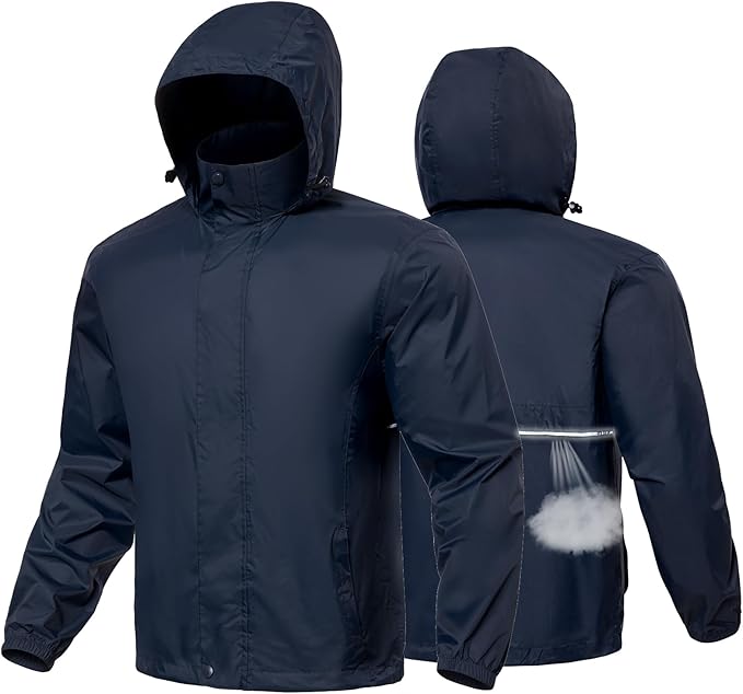 MANSDOUR Men's Packable Rain Jacket Waterproof Lightweight Windbreaker Cycling Golf Hiking Reflective Raincoat with Hood