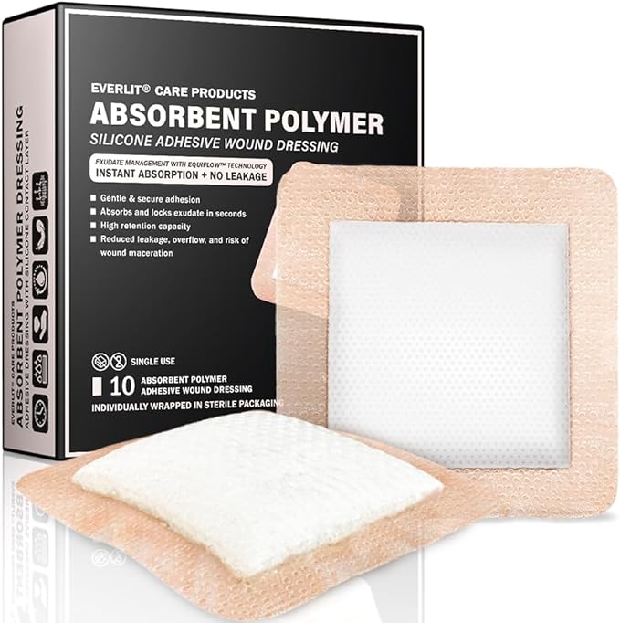 EVERLIT Super Absorbent Polymer Wound Dressing | Silicone Self-Adhesive Bandages with Ultrasorb Matrix for High Retention | 4" x 4" Sterile Adhesive Dressings Pack of 10