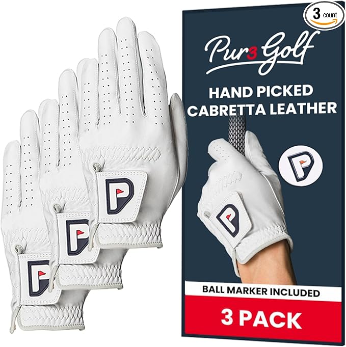 PUR3 3 Pack Golf Gloves Men Right Handed & Left Handed Golfer | Premium Cabretta Leather - Super Soft Feel - Men's Golf Glove with Ball Marker