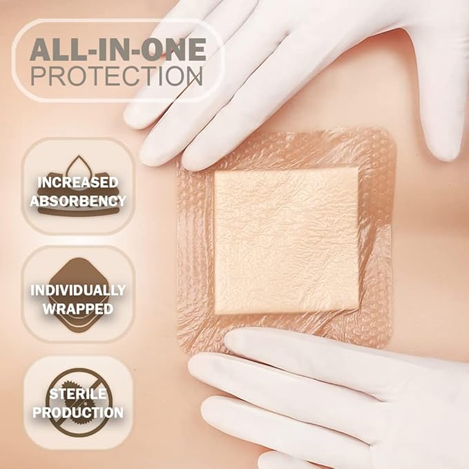 EVERLIT Care Silicone Foam Dressing with Adhesive Border | Highly Absorbent Hypoallergenic Bandages for Chronic Wounds, Bed Sores, Pressure Ulcers | Gentle & Secure Adhesion (6" x 6" | 5 Pack)