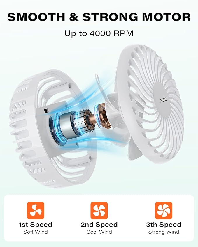 A2C Golf Cart Fan Rechargeable – 3-Speed, 360° Adjustable Gooseneck | 4000mAh Battery | Compatible with Golf Carts & Push/Pull Carts(White Version)