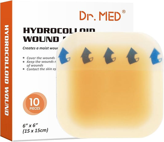 Dr. Med Hydrocolloid Wound Dressing 6"x6"-10 Pack/Box, Waterproof Adhesive Bordered Bandage, for Light Exudate, Abrasions, Pressure Ulcer, Bed Sore, Superficial Wound Care