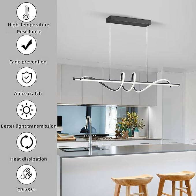 Modern LED Pendant Lights, Ceiling Chandelier Dimmable with Remote Control 3000k-6000K Adjustable Color Temperature, Aluminum Island Lighting Lamp Fixture for Kitchen, Dining Room(47in Black)