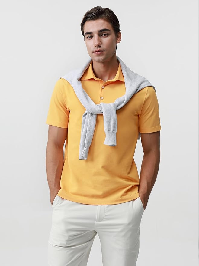 BCI Cotton Blend Pique Polo Shirts for Men Short Sleeve Tops Comfort Split Hem with 3-Color Tape