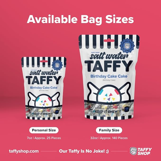 Taffy Shop Birthday Cake Cake Salt Water Taffy – Gourmet Soft Chewy Candy, Bulk Sweet Snack, Fresh Gift & Gluten-Free, 140 Individually Wrapped Pieces (32oz)