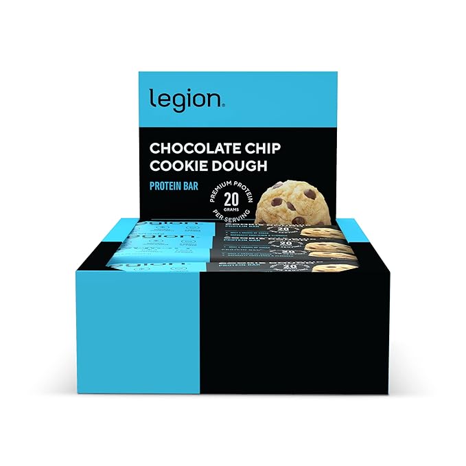 Legion Chocolate Chip Cookie Dough Protein Bar - 100% Whey Protein Bars Low Sugar High Protein with Prebiotic Fiber - Soy-Free, Gluten Free, Naturally Flavored, Low Fat, High Protein Bars (12 Count)