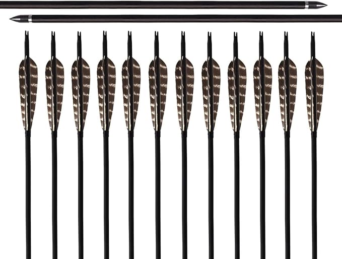 31Inch Carbon Arrow, Practice Hunting Arrows, Camo Turkey Feather Fletching, Arrows for Compound & Recurve Bow with Removable Tips Adjustable Nocks