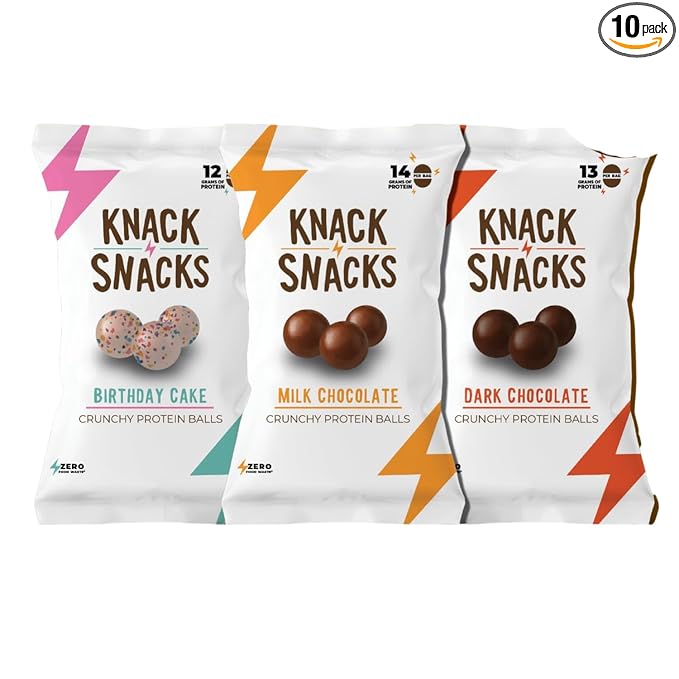 Knack Snacks | Snack Pack | Crunchy Protein Balls - Variety Pack (3x 1.2oz Bags) | Lunchbox Ready, High Protein, Naturally Gluten Free, Lower Sugar, Snack for School, Work, Travel, Parties, Gaming
