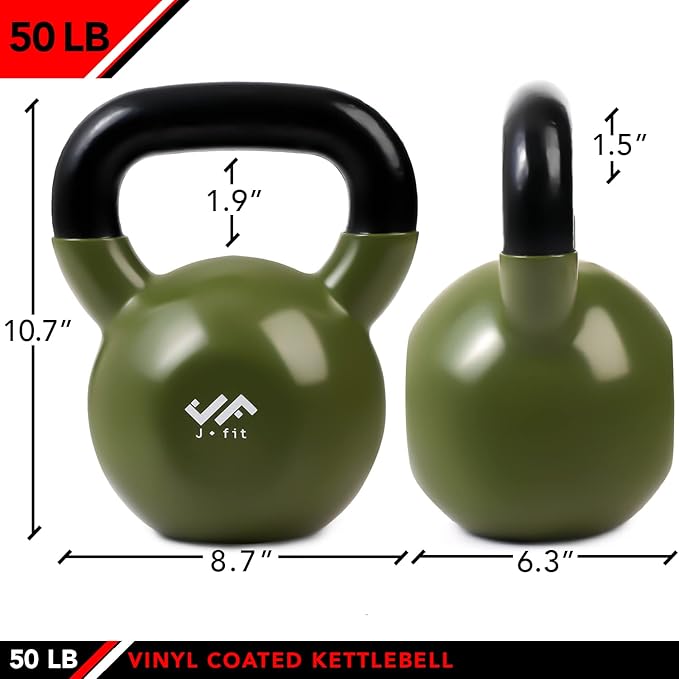 JFIT Kettlebell Weights Vinyl Coated Iron - 12 Size Options, 5lbs-50lbs - Coated for Floor and Equipment Protection, Noise Reduction, Ballistic, Core, Weight Training