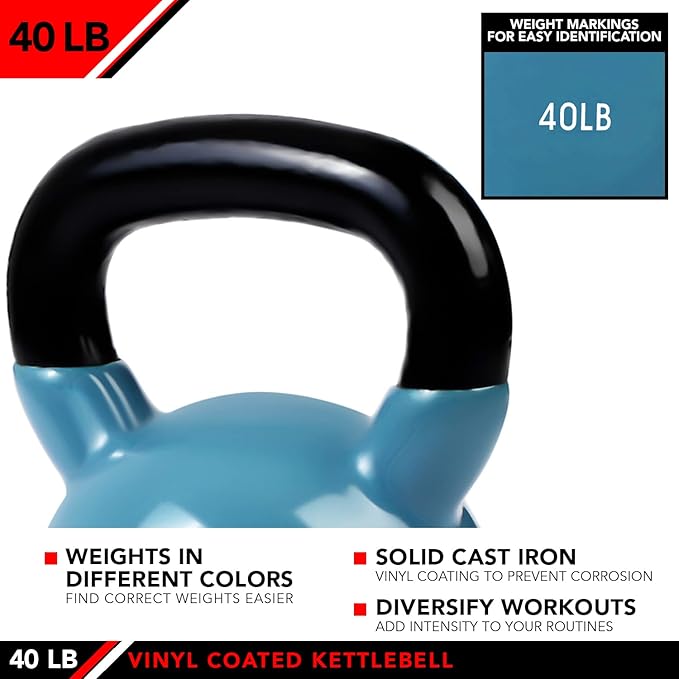 JFIT Kettlebell Weights Vinyl Coated Iron - 12 Size Options, 5lbs-50lbs - Coated for Floor and Equipment Protection, Noise Reduction, Ballistic, Core, Weight Training