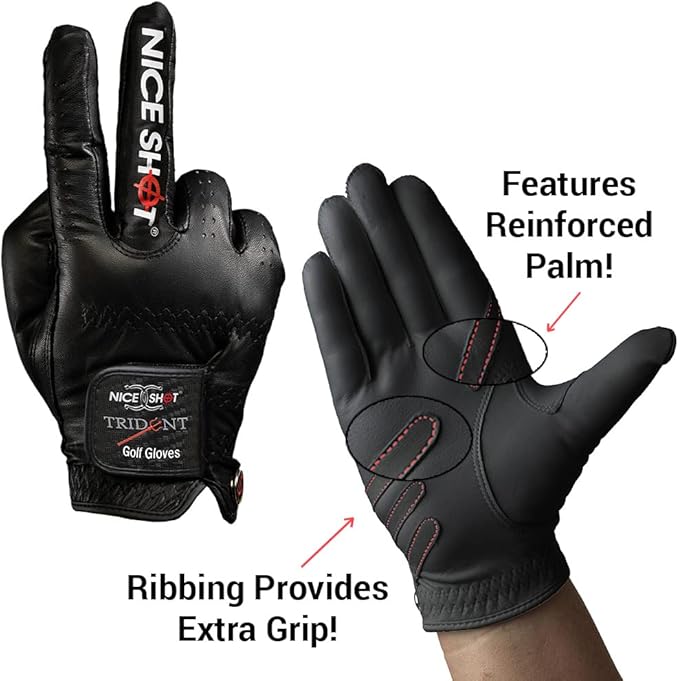 Nice Shot Trident Golf Glove with Power Grip Strips in Premium Black Cabretta Leather