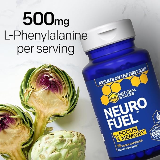 NATURAL STACKS NeuroFuel Nootropic Brain Support Supplement - 750mg L-Carnitine & 500mg L-Phenylalanine - Brain Supplement for Memory and Focus* - 75 Focus Pills