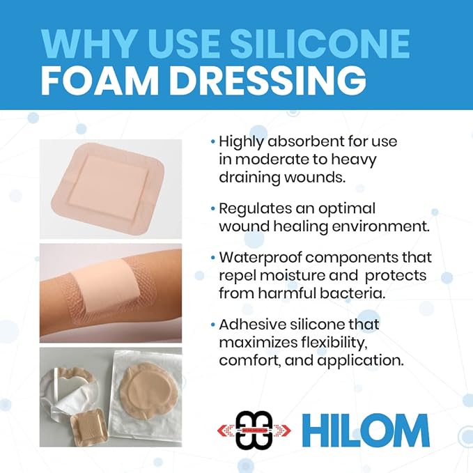 Hilom Silicone Foam Dressing with Adhesive Border 4 in x 4 in (5 Pack) Waterproof Dressing | Moist to Heavily Draining Wounds Including Pressure Ulcer, Burns, or Lacerations | Latex Free…